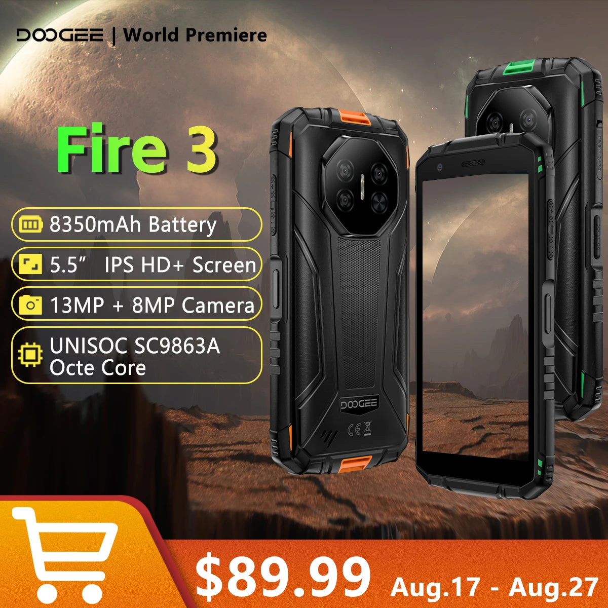 DOOGEE Fire 3 – Android 15, Batterie 8 350 mAh, 12 Go RAM, NFC, IP68, Écran 5,5”