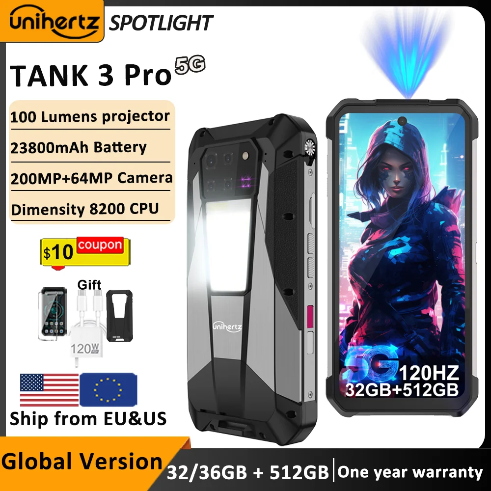 Unihertz Tank 3 Pro – 5G, Projecteur 100 Lumens, Android 14, 32 Go RAM + 512 Go ROM, Batterie 23 800 mAh, Wi-Fi 6, NFC