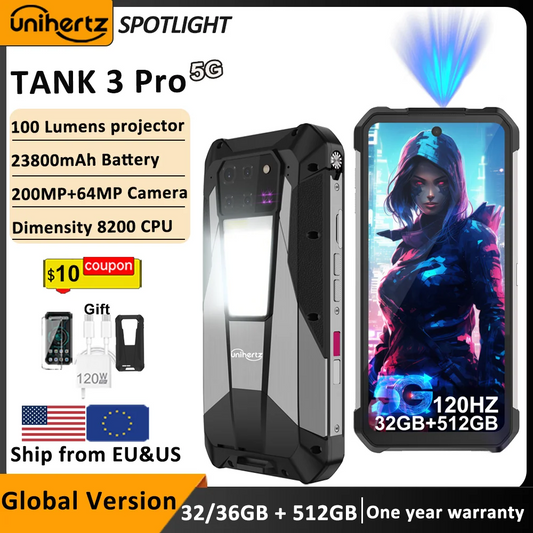 Unihertz Tank 3 Pro – 5G, Projecteur 100 Lumens, Android 14, 32 Go RAM + 512 Go ROM, Batterie 23 800 mAh, Wi-Fi 6, NFC